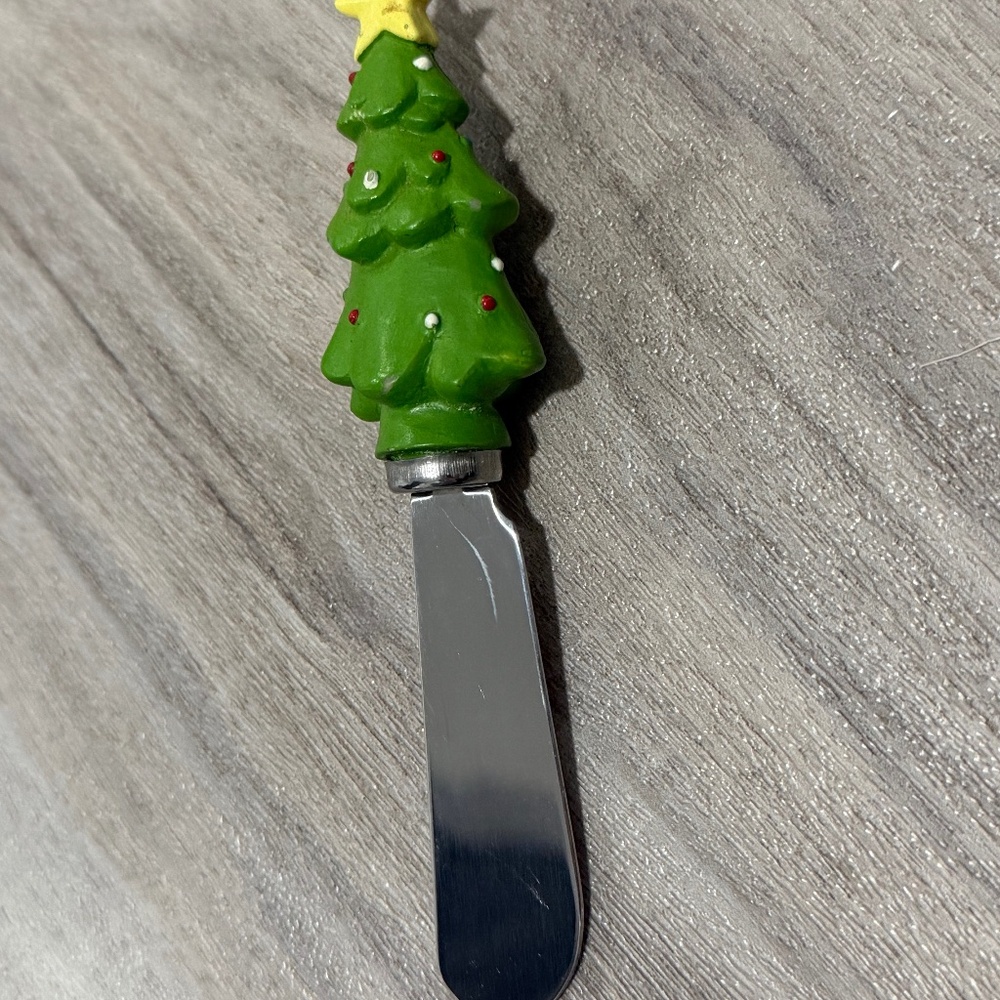 TAG Christmas Tree Spreader Knife Hand Painted Handle Holiday Cheese Knife